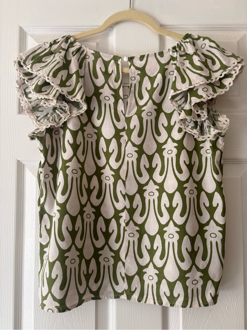 Christian Siriano Olive & Cream Patterned Flutter Sleeve Top - Picture 3 of 11